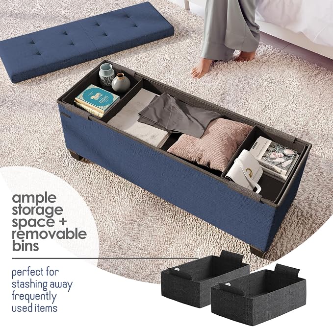 Storage Ottoman Bench with Bins, 43-in Storage Bench for Bedroom End of Bed, Folding Foot Rest Ottoman for Living Room Max 660lbs, Fabric Ottomans, Blue - Image 4