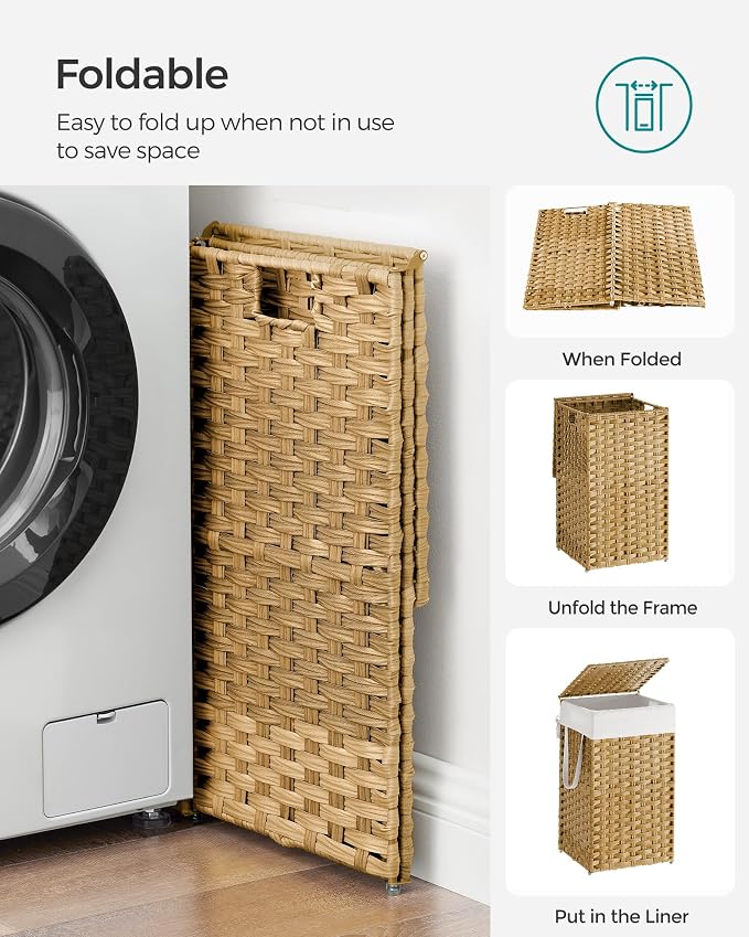 SONGMICS Laundry Hamper with Lid, 17.2 Gallon (65 L) Synthetic Rattan Clothes Laundry Basket with Lid and Handles, Foldable, Removable Liner, Goose Yellow ULCB165N01 - Image 8
