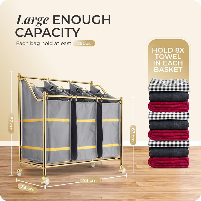 LUXURY STYLE 3- Sections Laundry Sorter, Roling Laundry Cart, Modern Golden Laundry Hamper, 3-Bags Hamper, Organizer with Wheels, Clothes Basket, XL Hamper for Clothes, Toys, and Towels (Cool Gray) - Image 5