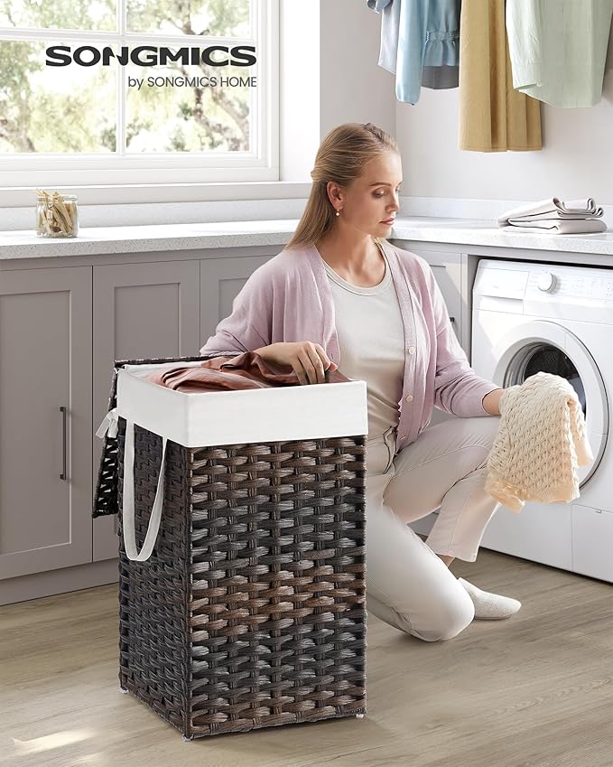 SONGMICS Laundry Hamper with Lid, 17.2 Gallon (65 L) Synthetic Rattan Clothes Laundry Basket with Lid and Handles, Foldable, Removable Liner, Chestnut Brown ULCB165K01 - Image 2
