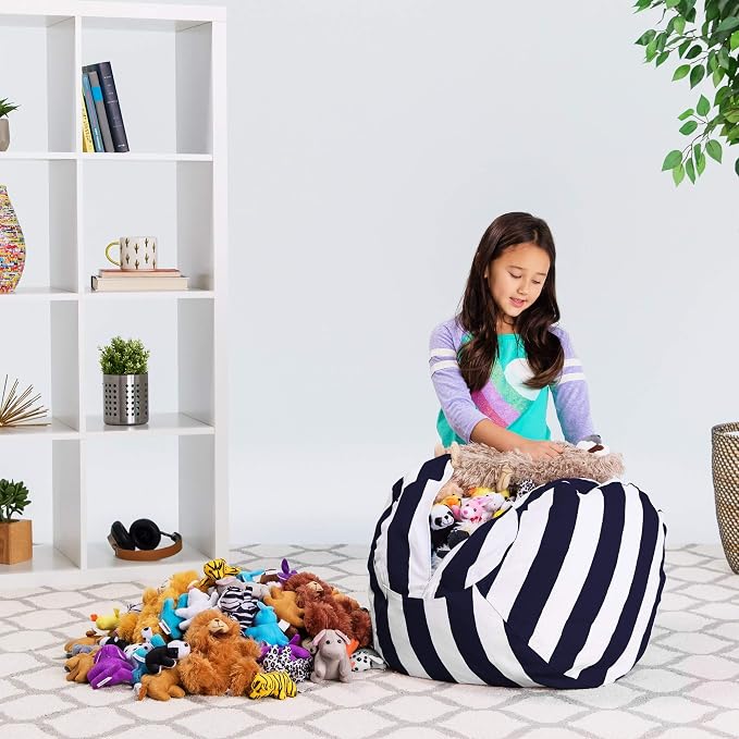 Posh Stuffable Kids Stuffed Animal Storage Bean Bag Chair Cover - Childrens Toy Organizer, Medium 27" - Canvas Stripes Blue and White - Image 6