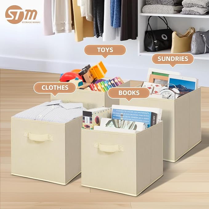 STORAGE MANIAC Storage Cubes, 11 Inch Collapsible Storage Bins with Handles, 4 Pack Fabric Foldable Bins for Organization, Durable Storage Bins for Closet, Shelves, Offices, 4-Pack Beige - Image 2