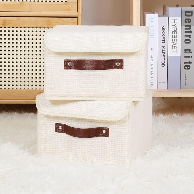 ANMINY Fabric Storage Box Bins with Lids, Beige, 10"x8"x7", 2 Pack | Keepsake Memory Storage, Cotton Linen, PP Board Reinforced, Washable, PU Handles, Foldable & Stackable, Decorative, Small - Image 6