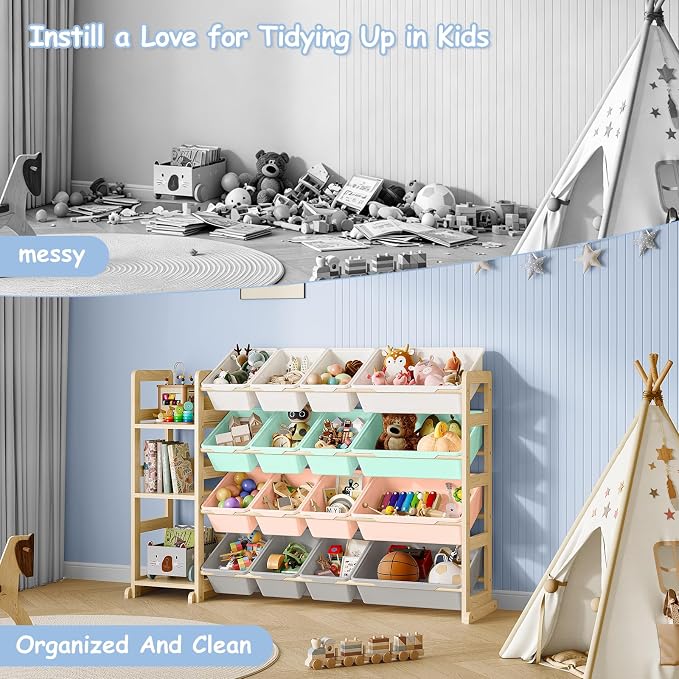EXPERLAM Toy Storage Organizer, Toy Storage Shelf with 3 Shelves and 16 Storage Bins (12 Small + 4 Large), 3-in-1 Kids Bookshelf for Kids Rooms, Playroom, Nursery, Multi - Image 7