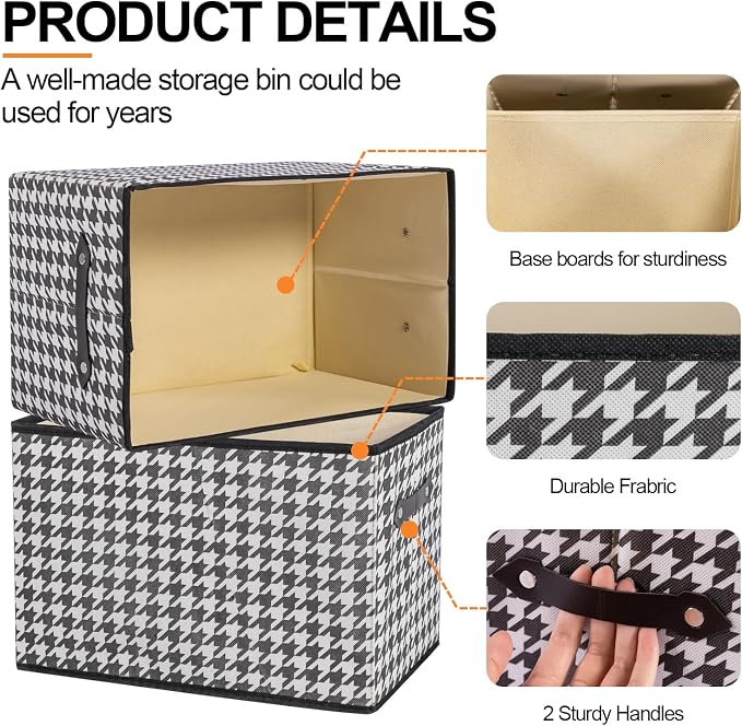1 Pack Large Collapsible Storage Baskets for Shelves,14.9"x9.5" Fabric Closet storage Boxes with Leather Handles,Decorative Organizers Storage Bins for Clothes,Sheets,Toys,Books,(Houndstooth - Image 7