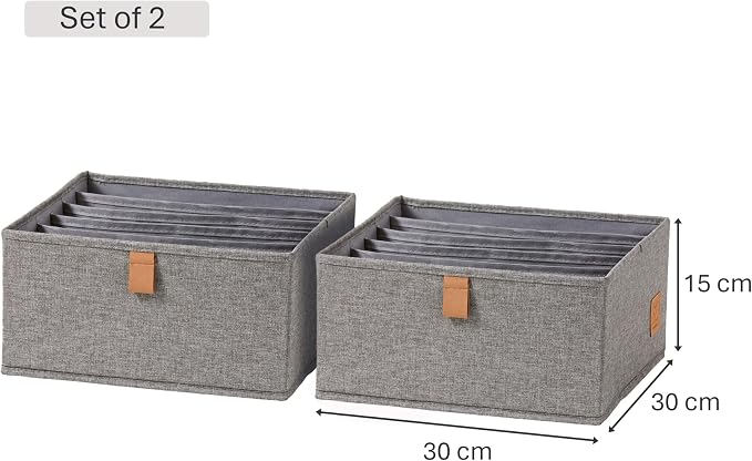 LOVE IT STORE IT Premium Drawer Box 2-Piece - Wardrobe Organiser Made of Linen Fabric - Reinforced - 6 Compartments for Bras, Shirts, Trousers - Grey - 30 x 30 x 15 cm - Image 3