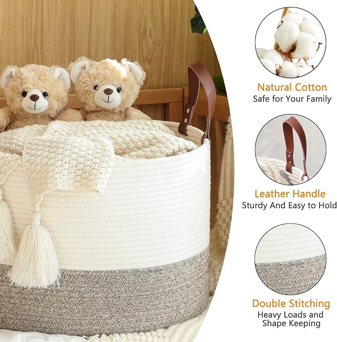 KAKAMAY Large Blanket Basket (20"x13"),Woven Baskets for storage Baby Laundry Hamper,Cotton Rope Blanket Basket for Living Room, Laundry, Nursery, Pillows, Baby Toy chest (White/Beige) | Extra Large Capacity | Natural Cotton Rope | Blanket Storage | Wo... - Image 6