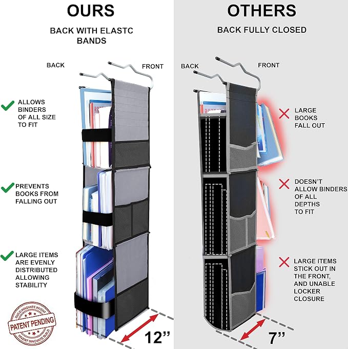 ABRA® 3 Shelf Hanging Locker Organizer for School, Gym, Work, Storage | Deep Shelves 6.5”x 9”| Eco-Friendly Fabric Healthy for Children | Adjustable School Locker Shelf from 3 to 2 Shelves(Grey/Black) - Image 3