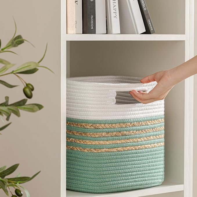 UBBCARE Set of 4 Storage Cubes 13 X 13 X 13 in, Water Hyacinth Storage Bins for Shelves, Toys, Book, Storage Baskets with Handles, Cotton Rope Woven Baskets for Organizing, Green - Image 5