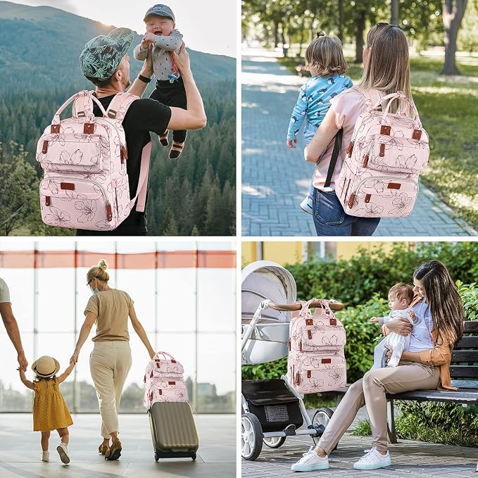 Diaper Bag Backpack, Baby Girl Diaper Bag for Mom, Large Pink Floral Diaper Bag Backpack for Girls, Waterproof Mom Backpack for Work Travel Holiday with Insulated Pockets and Stroller Straps - Image 2