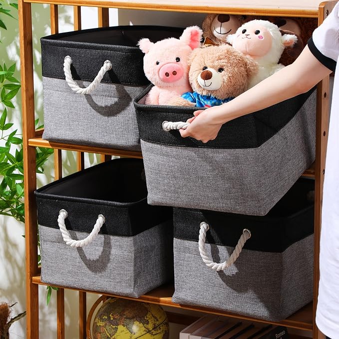 FoldTier 10 Pack Large Collapsible Fabric Storage Baskets with Handles Decorative Storage Bins for Organizing Shelves Toys Clothes(Black & Gray,16 x 12 x 10 Inches) - Image 4
