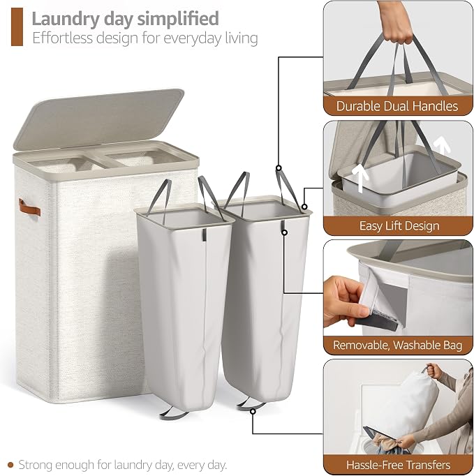 Sorbus Laundry Hamper with Lid - Collapsible 2-Compartment Fabric Laundry Basket with Handles and Removable Laundry Bag – 45 Gallon (170 L) Dirty Clothes Hamper for Bedroom, bathroom and dorm (Beige) - Image 5