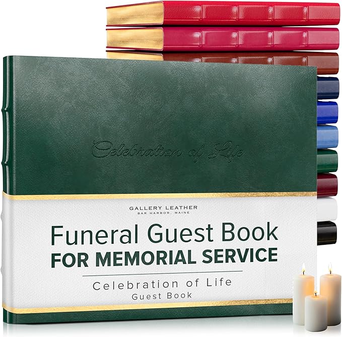 Gallery Leather Funeral Guest Book for Memorial Service and Celebration of Life with 192 Lined Pages - Hardcover, Bound Leather, Perfect for Cherished Memories - 7 x 9 - Acadia Green | 192 Lined Pages - Hardcover, Bound Leather Guest Sign in Book - 7 x... by GalleryLeather
