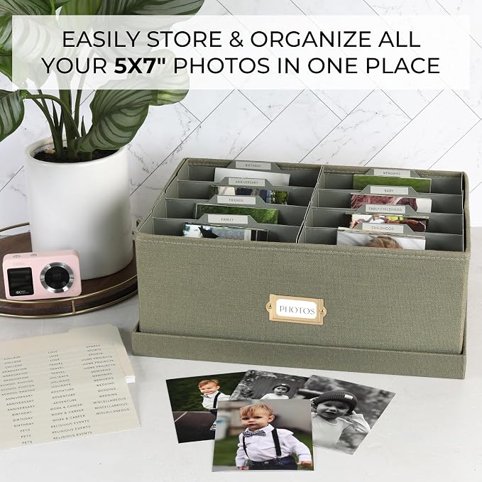 Decorative Photo Storage Box - Sturdy Linen Organizer Holds 1700 Photos | Organizer with Dividers Stores Up to 1700 5x7 Pictures - Portable Scrapbook Storage Containers with Lid - Image 2