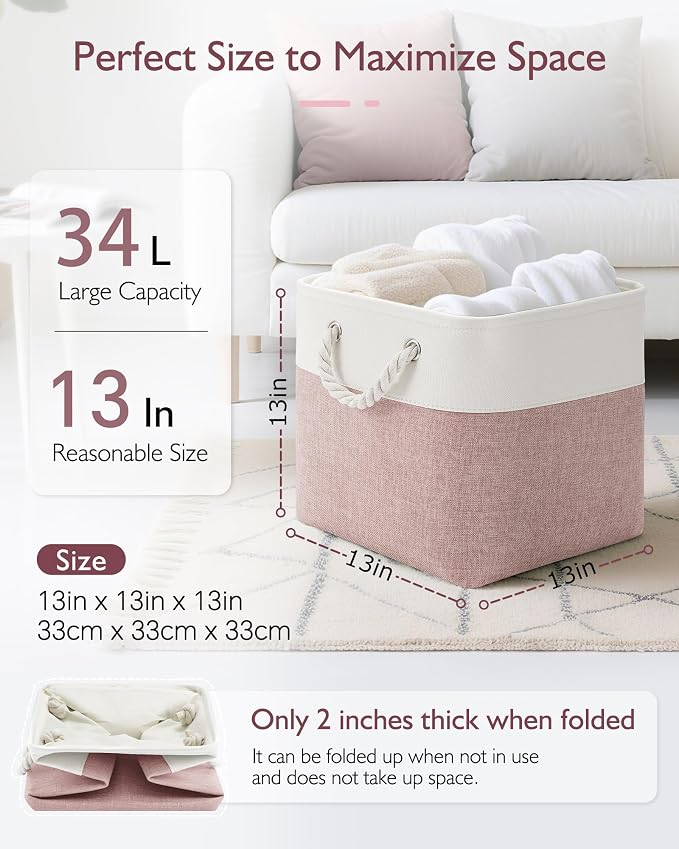 Patvingot 13-Inch Fabric Cube Storage Bins with Handles,4 Pack,Foldable | For cube shelves and closets,keeps grouped for everyday access,reinforced opening and fold-flat storage,white and pink - Image 2