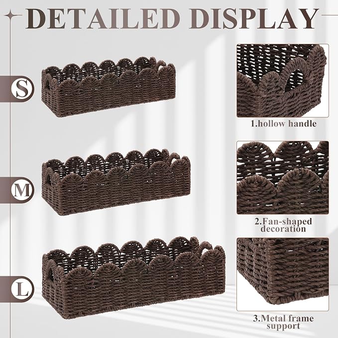 Boao 3 Pcs Boho Storage Wicker Baskets Handmade Woven Decorative Paper Rope Baskets for Organizing with Handle Countertop Toilet Paper Storage Container for Toilet Tank Top(Brown,Fan-shaped) - Image 3