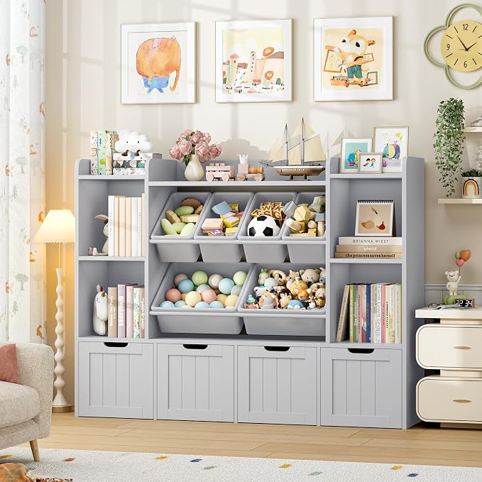 Toy Storage Organizer with Movable Drawer Toy Organizer for Kids | Large Toy Organizers and Storage with 6 Storage Cubbies, Kids Toy Storage and Toy Chest for Playroom and Kids Room, Grey by finetones