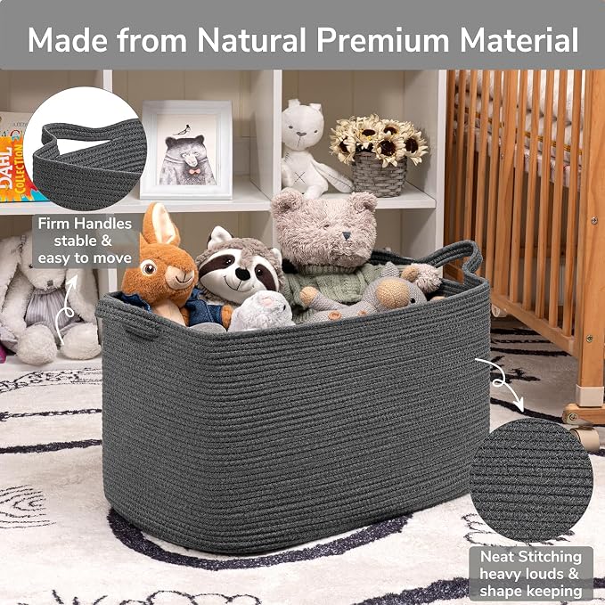 Goodpick 85L Large Woven Rope Blanket Basket, Rectangle, Dark Gray | 23.6'' x 15.7'' x 13.8'' Storage Basket for Blankets, Clothes, Toys & Pillows, Living Room, Bedroom & Nursery Organization - Image 6