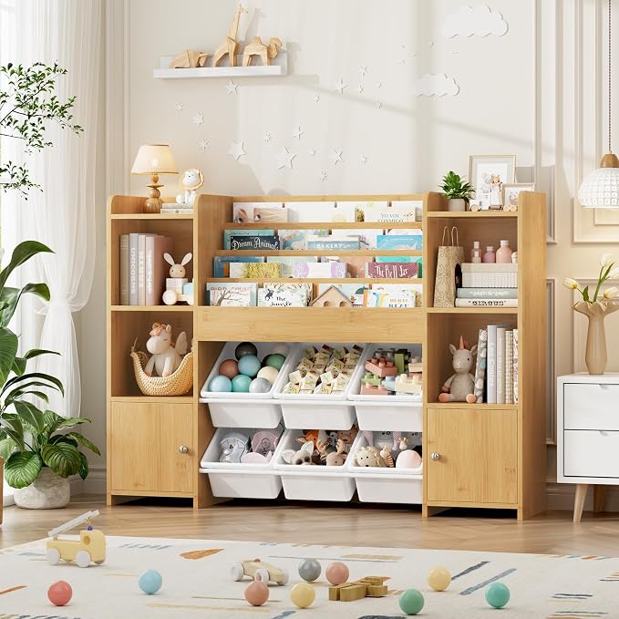 Toy Storage Organizer with 6 Toy Bins & 4 Tier Kids Bookshelf | Toy Organizer with 6 Cubbies, Kids Toy Organizers and Toy Storage with Bins, Playroom Storage and Toy Chest - Image 7