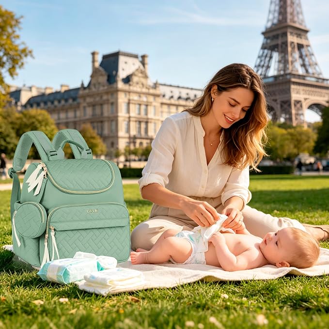 Small Diaper Bag, 22L Stylish Baby Mini Maternity Travel Backpack | with Changing Pad, Pacifier Bag, Stroller Straps Parents Essentials for Outdoor Trip Hospital & Daily Work, Green - Image 5