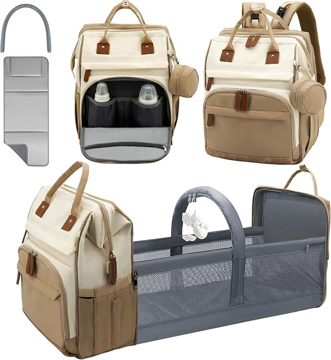 Diaper Bag Backpack for New Parents, Large Capacity Baby Travel Bag with Bottle Holders, Multiple Compartments (Khaki Brown) by Wurzfolk