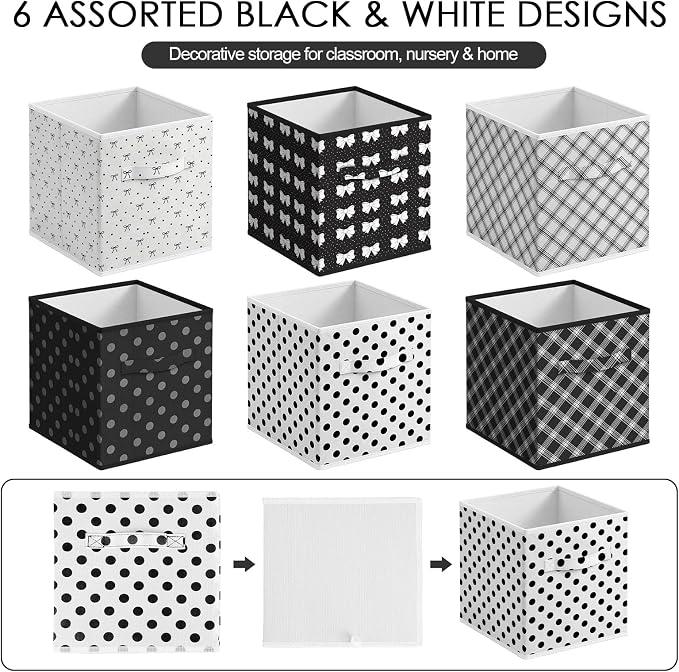 Glooglitter 6 Pcs Coquette Black Bow Storage Bins with Handles 11 Inch Foldable Classroom Storage Cubes Polka Dot Organizer Baskets Black and White Collapsible Organizer Bins for School Classroom Dorm - Image 3