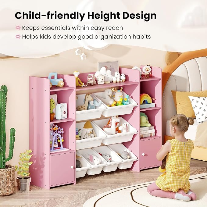Costzon 56'' Kids Toy Storage Organizer with 8 Removable Bins, 4-Tier Toddler Bookshelf Cubbies, Preschool Children's Montessori Bookshelf w/6 Large Cabinet for Playroom, Daycare, Kids Room, Classroom - Image 7