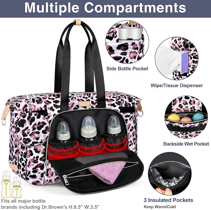 Diaper Bag Tote for Baby 7PCS, Large Mommy Bag with Portable Changing Pad | Multifunctional Hospital Bags for Labor and Delivery with Pacifier Case and Organizer Pouches,Travel Baby Bag for Boy Girl - Image 4