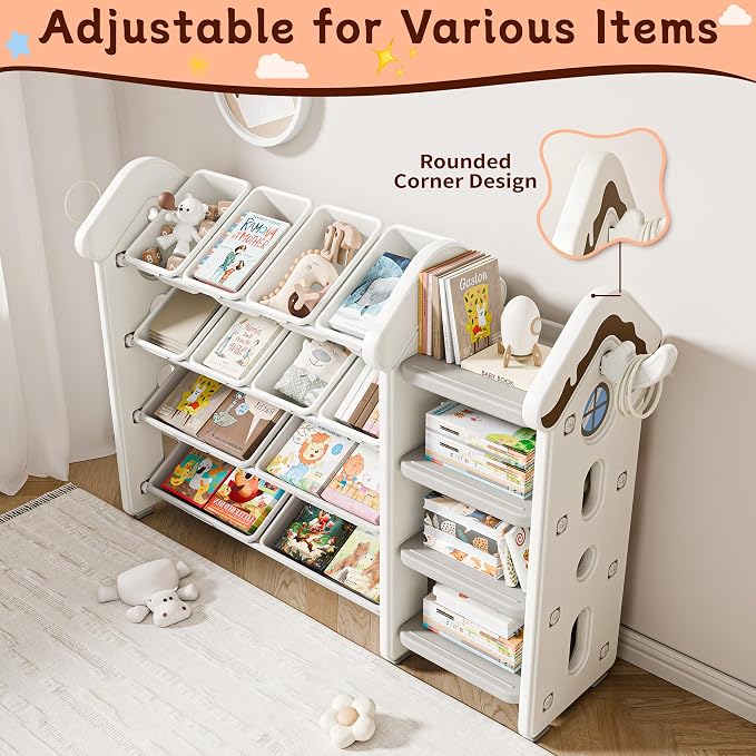 Pipleo Kids Toy Storage Organizer with 12 Removable Bins, Toy Organizers and Storage with 4-Tier Bookshelf for Kids Toy Storage Organizer (Beige) - Image 5