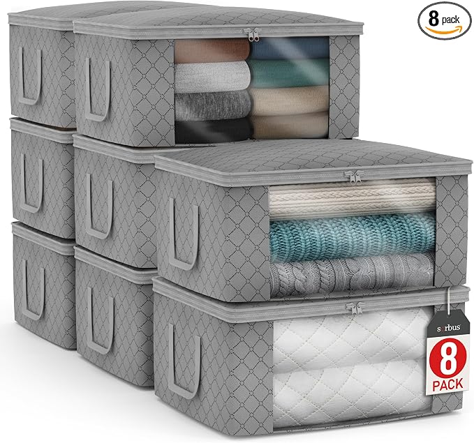 Sorbus Medium Clothes Storage Bags - Foldable Blanket Storage Bins for Organizing Bedroom, Closet, Clothing, Comforter, Organization with Clear Window, Lids and Carry Handles - Set of 8 by Sorbus