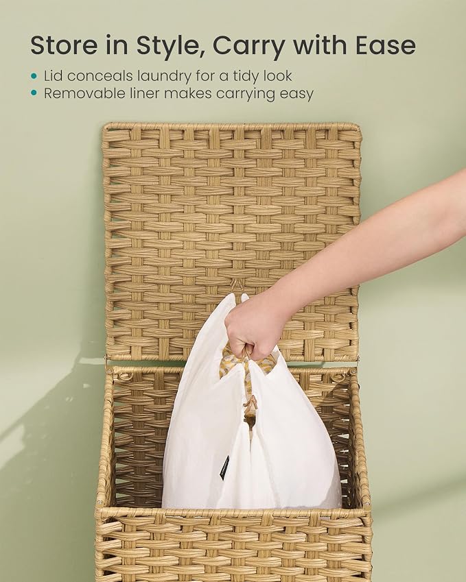 SONGMICS Laundry Hamper with Lid, 25 Gal (95L) PE Rattan Laundry Basket with Removable Washable Liners, for Bedroom & Living Room, Goose Yellow ULCB221YE01 - Image 4