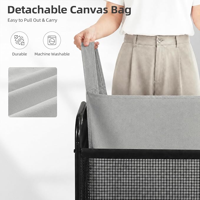 STORAGE MANIAC Rolling Laundry Hamper with Wheels 1-Section Laundry Sorter Rolling Laundrys Basket on Wheels with Removable Bag Clothes Hamper Laundrys Organizer Cart Bathroom Bedroom 90L Grey - Image 4