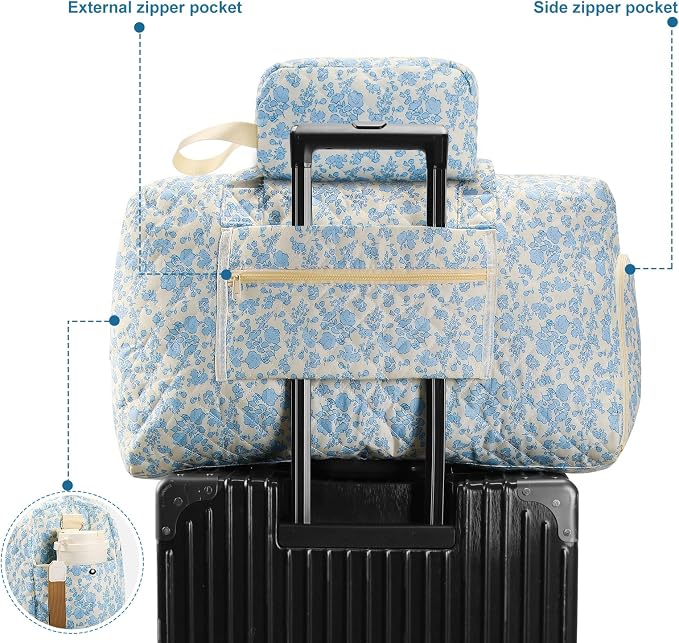 Quilted Floral Duffel Bag 2 Pack Weekender with Shoe Compartment | Women’s Overnight Hospital Bag for Labor Delivery, Travel Carry On Duffel with Toiletry Pouch for Gym & Weekend Getaway - Image 3