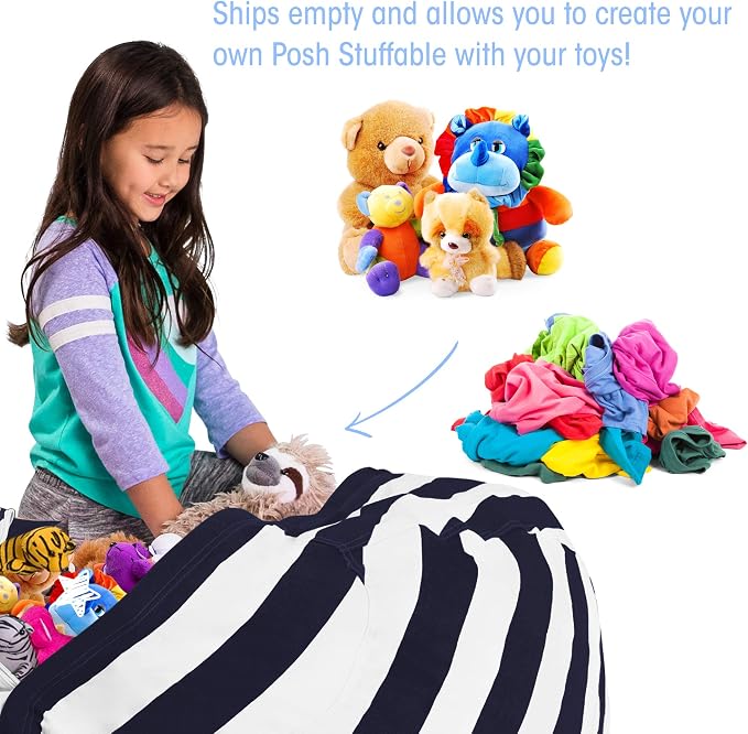 Posh Stuffable Kids Stuffed Animal Storage Bean Bag Chair Cover - Childrens Toy Organizer, X-Large 48" - Canvas Stripes Blue and White - Image 3