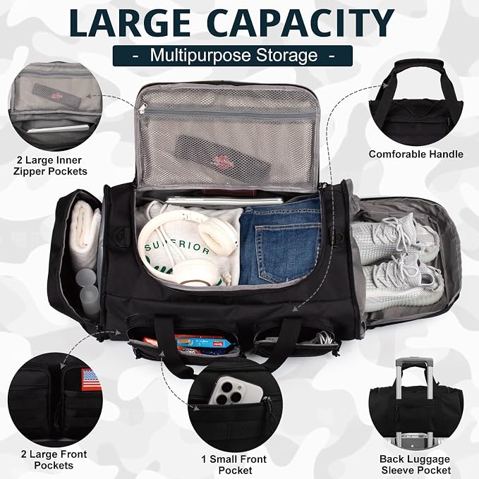 Tactical Gym Bag for Men,70L Large 3-in-1 Sports Duffle Bag for Travel Gym | Water Resistant ,Adjustable Shoulder Strap,MOLLE Weekender Overnight Bag with Shoes Compartment,Gym Backpack for Gym,Travel - Image 3