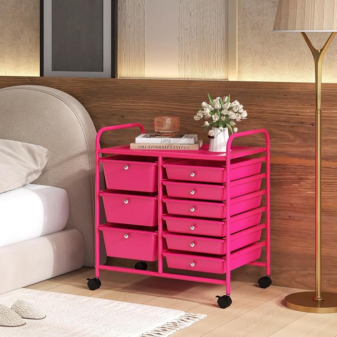 RELAX4LIFE 9 Drawer Rolling Storage Cart - Mobile Drawer Carts for Craft Art Supply Paper Salon, Utility Cart on Wheels for Classroom Teacher School Office, Rolling Cart with Drawers (Hot Pink) - Image 9