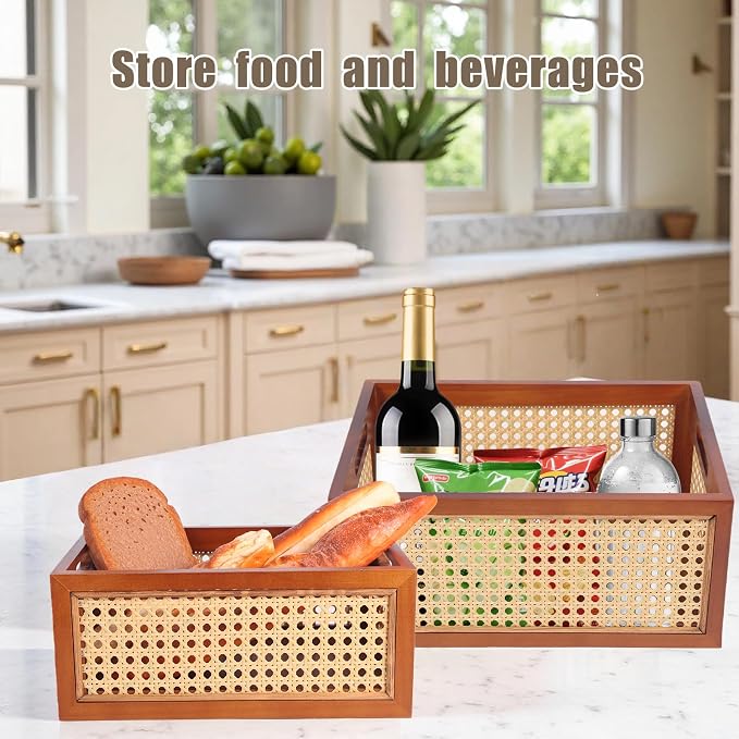 Rattan Storage Baskets Set, Wooden Frame with Woven Cane Design, Nesting Organizer Bins for Living room Bedroom Bathroom Kitchen Shelf, Set of 2 - Image 6