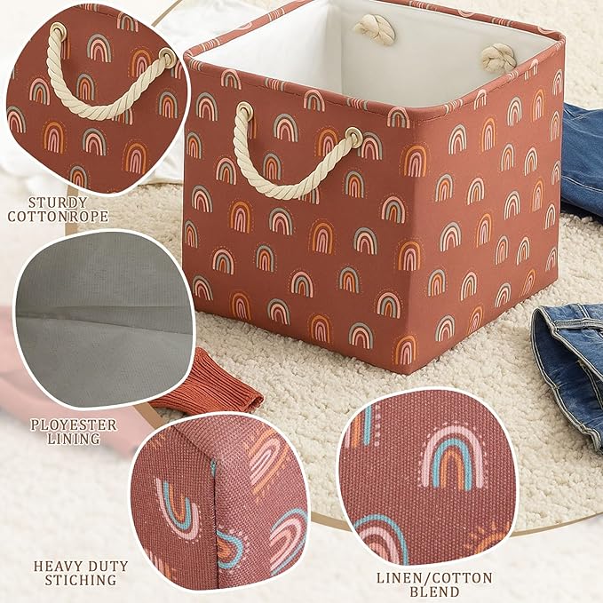 6 Pack 13x13 Inch Cube Storage Bins Fabric Square Cube Basket, Boho Rainbow | Boho Rainbow Foldable Fabric Organizer with Handles, Home Closet Bin for Shelves, Durable Cube Baskets Bulk for Home Storage - Image 3