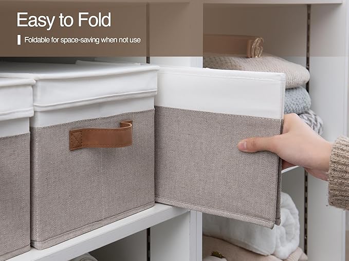 StorageWorks Fabric Storage Bins with Lids, Closet Storage Bins | Lidded Dust-proof, Easy Pull Handles, Foldable, Stackable, Ideal for Clothes Blanket Towel, Jumbo, Brown and White, 3-Pack - Image 4