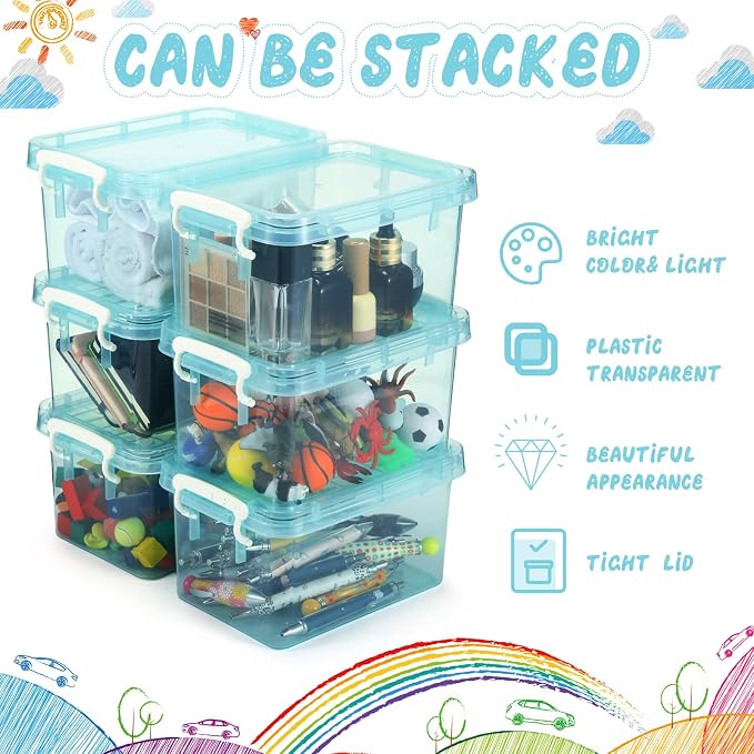 6 Pack Colorful Plastic Storage Bins with Lids 4 Quart Small Storage Latch Box Stackable and Nestable Clear Organizer Bins with Latching Handle and Buckle for Organizing(Cyan) - Image 4