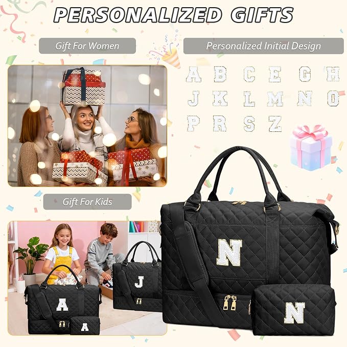 Women Gifts Travel Duffle Bag Initial Overnight Bags(Black,N) | Travel Gifts for Women-Overnight Bags with Toiletry Bag-Weekender Bags with Shoe Compartment for Travel - Image 3