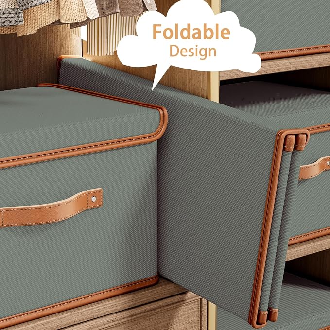 Tuza 4 Pack Storage Bins with Lids, Collapsible Closet Organizer Container, Fabric Organizer Box with Handles, Decorative Storage Boxes with Lids for Organizing Clothes, Blanket, Grey, Large - Image 5
