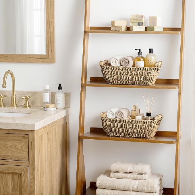 StorageWorks Small Baskets for Shelf, Seagrass Woven Basket for Gifts | Wicker Storage Baskets for Shelves, Baskets with Wooden Handles, 2-Pack Gifts Basket for Home Decor, Hand-Woven Basket - Image 2