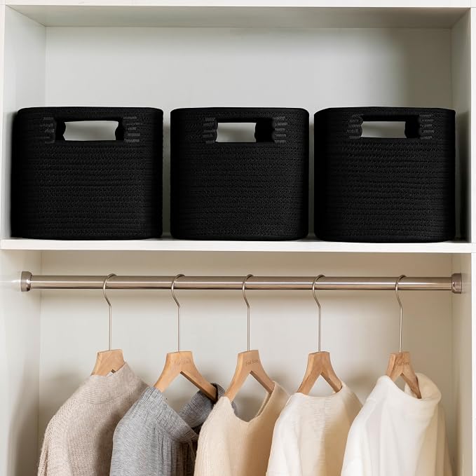 4 Pack Storage Baskets for Organizing, Shelf Baskets with Handles, Black | 14.5"Lx9.8"Wx9"H, Woven Basket, Cotton Rope Basket, Toy Storage, Cube Shelf, Gift Baskets Empty, Home Decor - Image 4