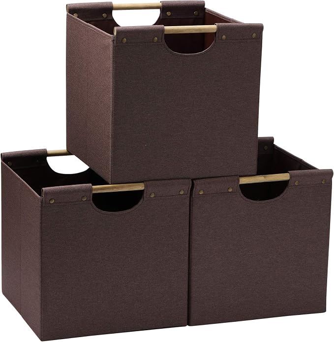 HOONEX Collapsible Storage Bins, 13x13x13 Inches Storage Cubes Linen Fabric, 3 Pack, Storage Baskets with Wooden Carry Handles and Sturdy Heavy Cardboard, for Home, Office, Car, Nursery, Brown by HOONEX