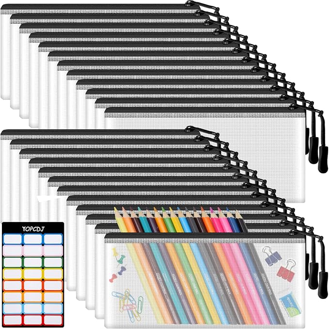 24pcs Mesh Zipper Pouch Bags 9.3 x 4.7 Inches, Black Small Clear Pouches Bulk, Travel Cosmetics Organization, Classroom and Office Supplies by YOPCDJ