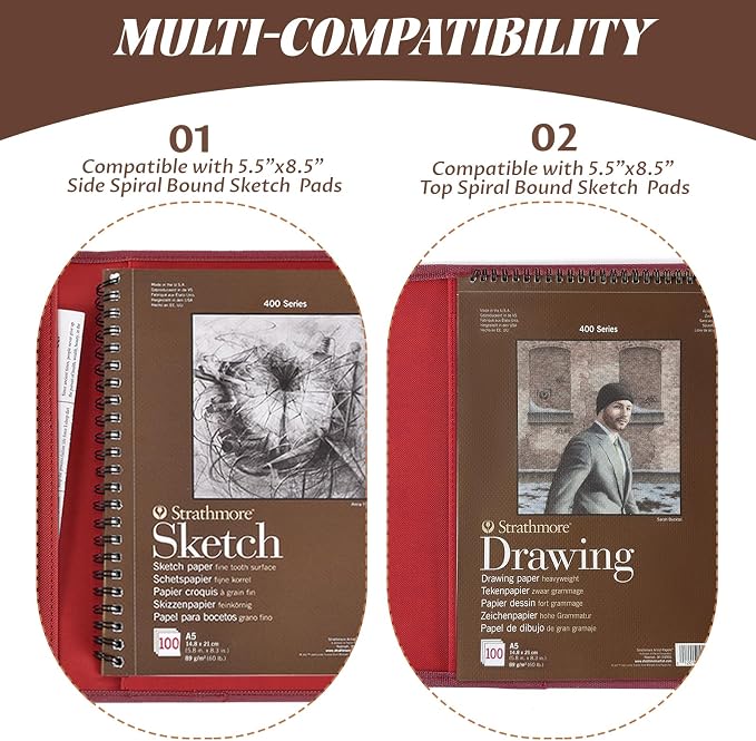 Plinyvel Red Leather Sketchbook Cover 5.5x8.5, Travel Drawing Portfolio | Portable sketch kit organizer, pencil holder, Fits 5.5x8.5 Sketch Book, Spiral Pad, Compact artist storage case - Image 4