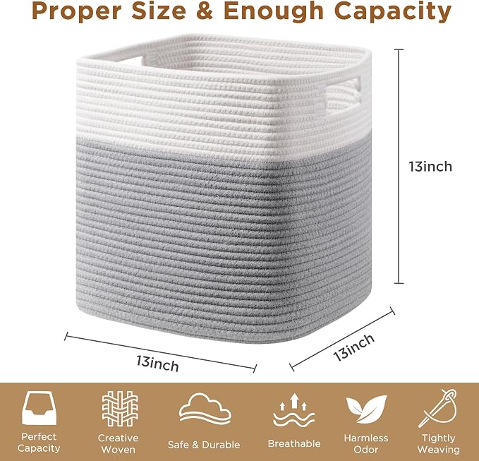 UBBCARE Set of 4 Storage Basket-13 X 13 X 13 in, Cotton Rope Basket for Shelves, Toys, Book, Cube Storage Bins with Handles, Woven Storage Basket for Organizing, White/Grey - Image 8