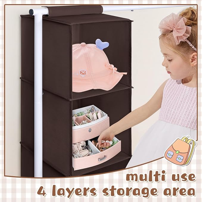 Univivi Kids Clothing Rack with Hanging Organizer, 43 Inch, Brown and White | Toddler Dress Up Storage with Bottom Shelf, Sturdy Metal Dress Up Rack, Toddler Wardrobe Rack for Nursery, Playroom, Bedroom - Image 4