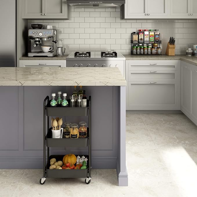 CAXXA 3-Tier Rolling Metal Storage Organizer - Mobile Utility Cart, Kitchen Cart with Caster Wheels (Black) - Image 8
